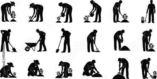 Gardener silhouette set, people planting trees icons, gardening work vector collection, farmer planting illustration, agriculture activity isolated design bundle