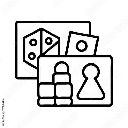 Tabletop board game elements line icon including dice, playing cards, and a meeple pawn, ideal for gaming and hobby-related designs.