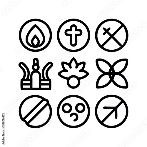 Set of miscellaneous symbolic line icons including fire, religious cross, prohibited signs, and abstract shapes for UI and UX design.