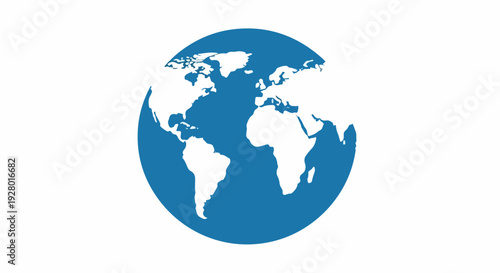 Flat design illustration of a blue globe with white continents on a plain white background.