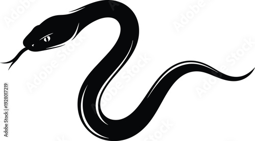 Black silhouette of a crawling snake with flicking tongue, dangerous venomous reptile animal, wildlife predator mascot, isolated vector, illustration