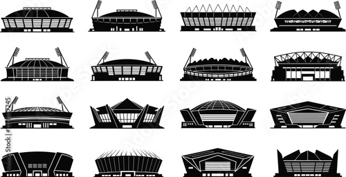 Modern stadium silhouettes collection, sports arena architecture icons, football venue buildings set, black and white vector illustration isolated design pack