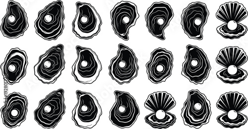Oyster shell silhouette set, pearl seafood icons collection, marine mollusk vector illustration, black oyster shapes isolated ocean food design