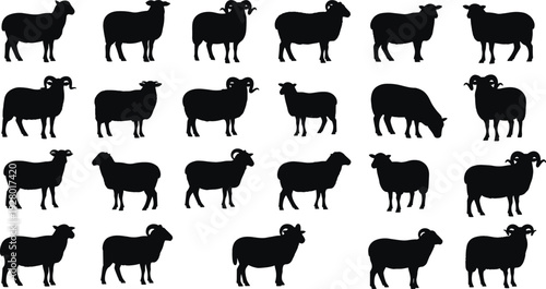 Sheep and ram silhouettes collection, farm animal livestock icons, black and white grazing mammal vector set, isolated agricultural illustration bundle