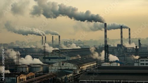 Industrial landscape with smokestacks emitting plumes of smoke, emphasizing pollution and environmental concerns