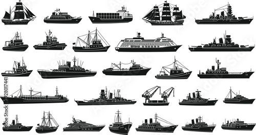 Ship and boat silhouettes collection, cargo vessels, cruise liners, warships and sailing ships maritime transport black and white vector illustration set