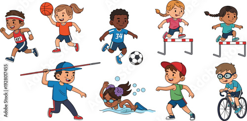 Diverse group of cute kids characters playing various sports including soccer basketball swimming running cycling and track and field vector illustration.