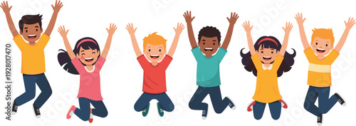 Diverse group of happy children jumping for joy with raised arms representing celebration success happiness and childhood fun vector illustration isolated set.