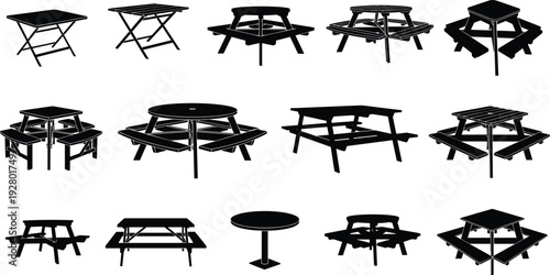 Table and picnic table silhouettes collection, furniture design icons, outdoor seating pattern, dining vector illustration, black shapes, cad drawing flat vector illustration