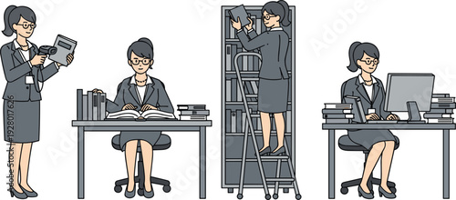 Professional librarian or office clerk character set showing different poses scanning books reading at desk and using ladder to organize shelves