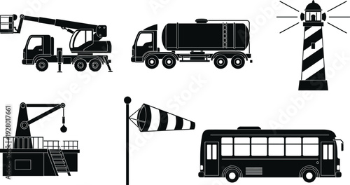 industrial transport vehicle silhouette set crane truck tanker bus lighthouse wind sock oil platform construction equipment vector illustration collection design