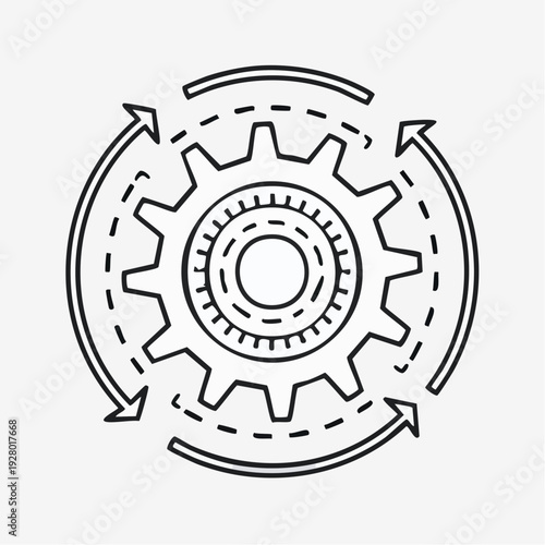A black line drawing of interlocking gears with arrows indicating cyclical motion on a white background.