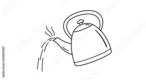 black and white hand drawn kettle pouring hot water line art illustration