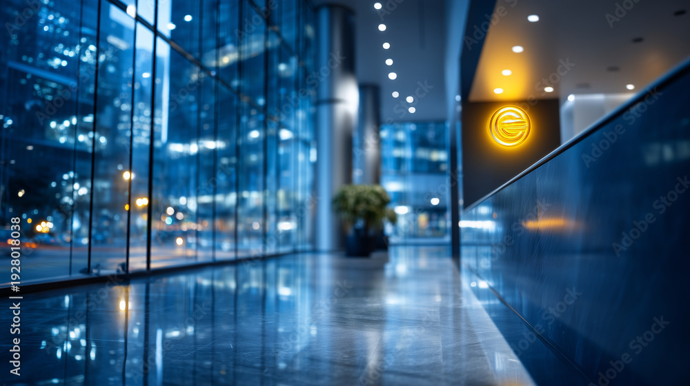 Fototapeta premium Medium shot of a large corporate lobby at night, glowing Globee logo on the wall (unbranded style), Brand Recognition , polished floors with deep reflections, cinematic city light