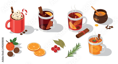 illustration of various warm winter drinks with spices and ingredients in a flat style
