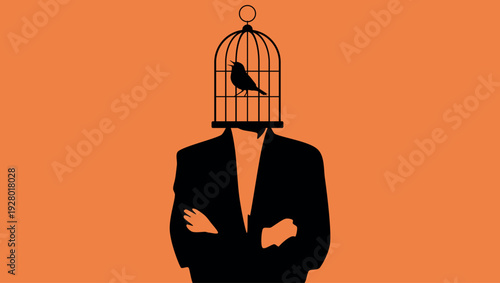 Man with a cage on his head, flat color illustration