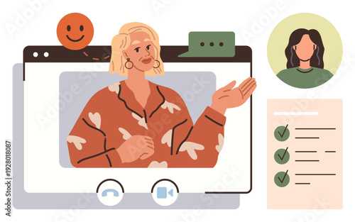 Online communication, video conferencing, virtual teamwork, remote education, content creation, chat interactions. Woman presenting in a browser window. Online communication and video conferencing