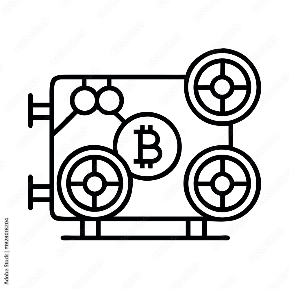 Fototapeta premium Abstract Cryptocurrency Mining Rig Concept with Bitcoin Symbol and Mechanical Gears in Line Art