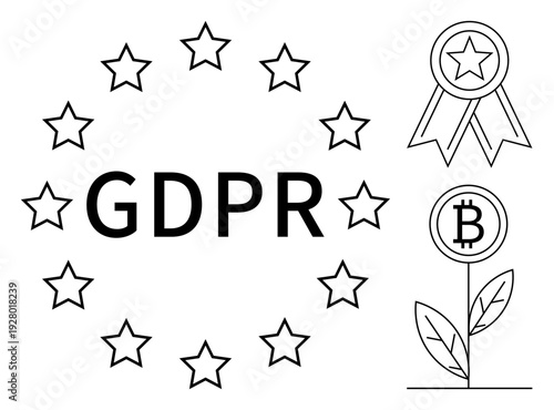 Data security, privacy protection, digital rights, crypto assets, online policies, blockchain concepts. GDPR text surrounded by stars, award ribbon and Bitcoin-inspired plant. Data security