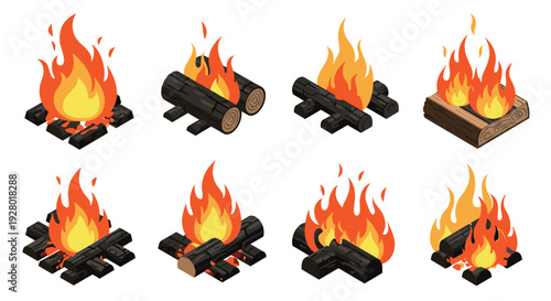 set of hand drawn campfire illustrations with burning logs and bright flames in cartoon style