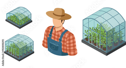 isometric greenhouse with plants and farmer illustration set in modern style for agriculture and gardening design