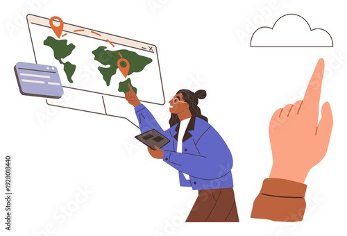 Navigation, travel planning, technology, education, user interaction, global communication. A woman points at a world map with geolocation pins while holding a tablet. Navigation and travel planning