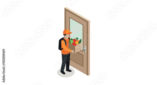 delivery person holding grocery box at open door isometric illustration in flat style for online shopping and home delivery concept