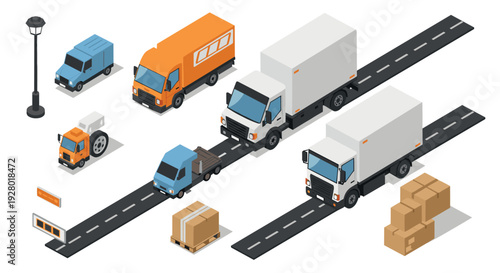 isometric delivery trucks and cargo boxes on road with street lamp and sign illustration