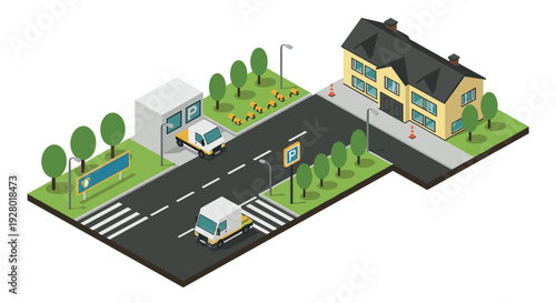 isometric city street scene with parking lot vehicles trees and building in flat vector style