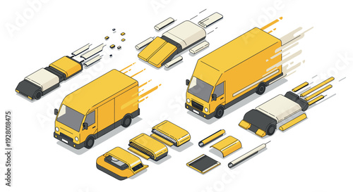 isometric yellow delivery trucks and components set hand drawn illustration for logistics and transportation design