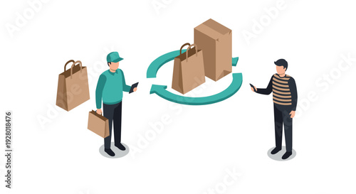 isometric online shopping and delivery with recyclable package bags and customer interaction using mobile phones