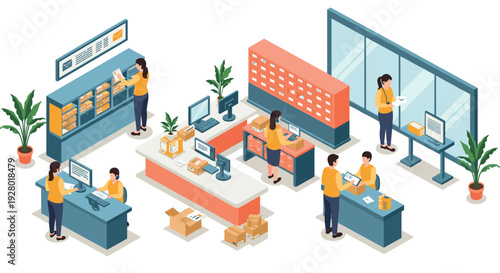people working in a modern post office with parcels mailboxes and computers isometric illustration