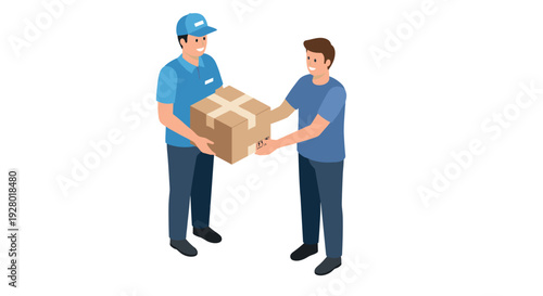 delivery man handing cardboard box to customer in isometric style illustration for shipping and parcel concept