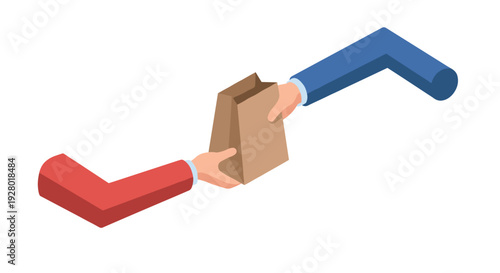 two arms exchanging a brown paper bag in isometric style representing delivery or handoff