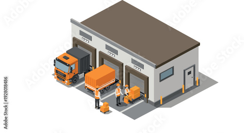 isometric warehouse building with loading dock workers trucks and packages in orange and gray colors