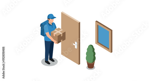 delivery man holding package at open door in isometric style with interior plant and picture frame