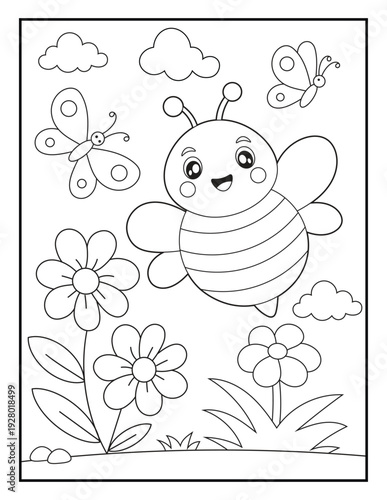 Wallpaper Mural Illustration of a cute baby bee cartoon character flying in a garden. Black and white Printable Bee coloring page for kids. Torontodigital.ca