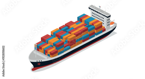 isometric container cargo ship illustration with colorful stacked containers in vector style