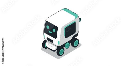 isometric cute delivery robot with smiling face and wheels simple flat design