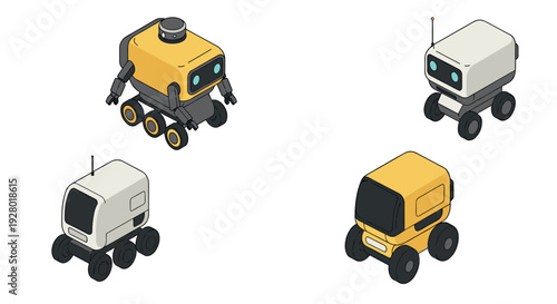 set of four futuristic rover and robot vehicles with wheels hand drawn isometric style for technology and space illustration