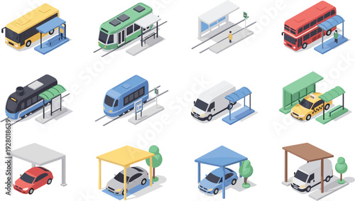 Isometric public transport stations and shelters set, bus stop tram train taxi parking carport vector illustration urban city mobility collection