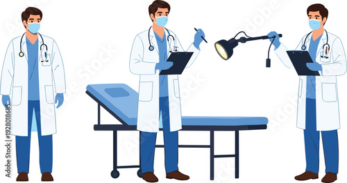 Male doctor or surgeon character set wearing face mask and scrubs holding clipboard standing by examination bed in hospital clinic setting
