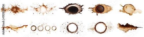 A collection of isolated coffee stains on a pristine white background, showcasing various shapes and textures perfect for design projects or artistic use.
