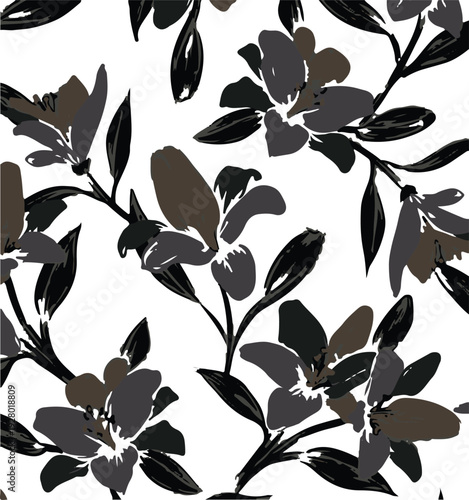 botanic seamless pattern with exotic flowers and leaves, hand drawn background. floral pattern. Tile with tropical leaf