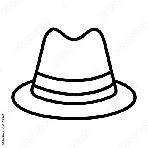 Classic Elegant Fedora Hat Icon, Vintage Style Headwear Black and White Line Art Illustration