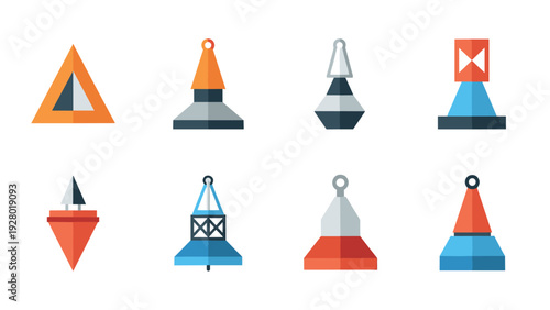 collection of colorful geometric marine buoys flat vector icons set for nautical navigation and sea safety
