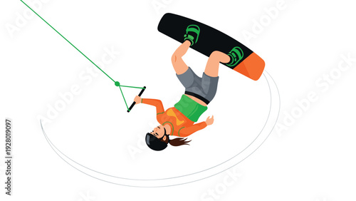 young woman wakeboarding performing a trick with helmet and life jacket in flat vector style