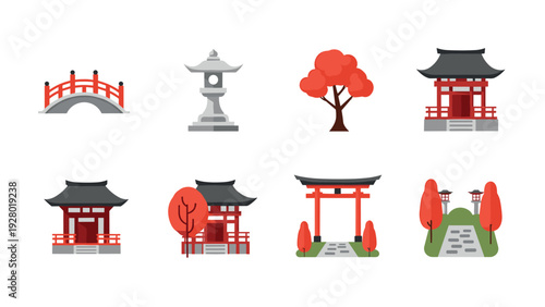 traditional japanese garden elements set hand drawn flat illustration with red torii pagoda trees bridge and stone lantern