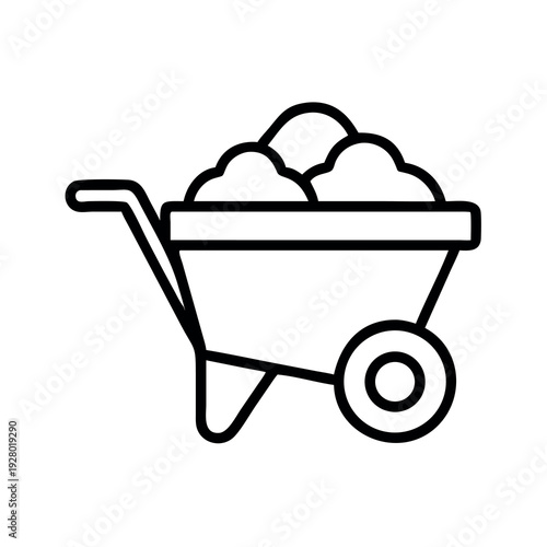 Minimalist line icon of a wheelbarrow filled with soil, ideal for gardening, construction, and landscaping project designs