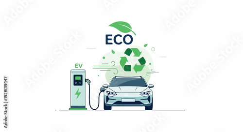 Illustration of an electric vehicle charging at a station with ECO and recycling symbols in a green and blue color scheme on a white background.